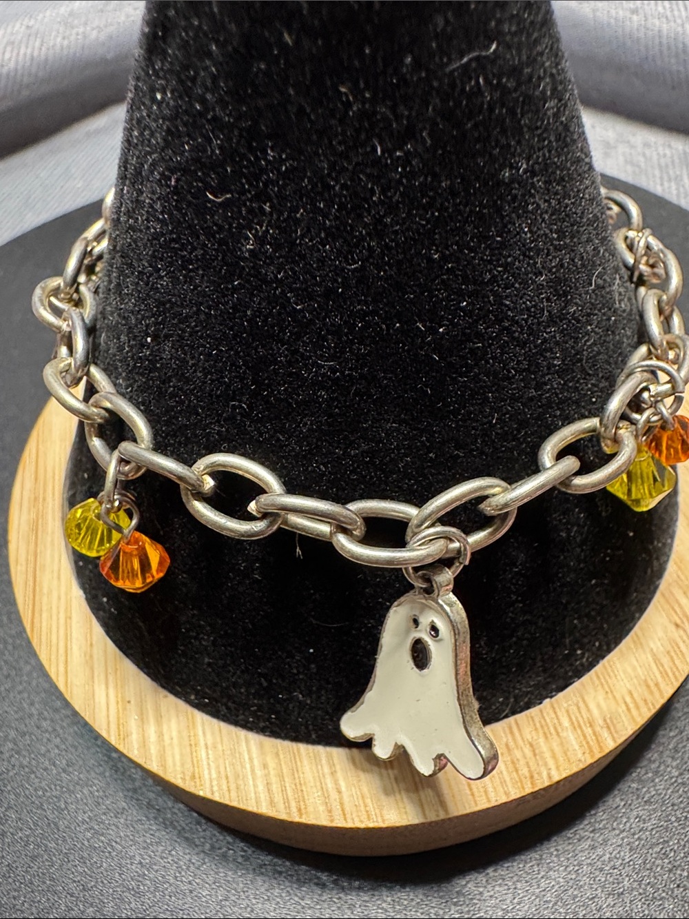 Silver-Tone Ghost Charm Bracelet with Orange and Yellow Beads Halloween